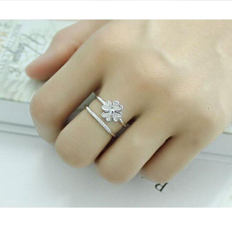 925 Sterling Silver Double Layer Heart Cute Lucky 4 Leaf Clover Opening Rings For Women Jewelry Dropshipping S -R193