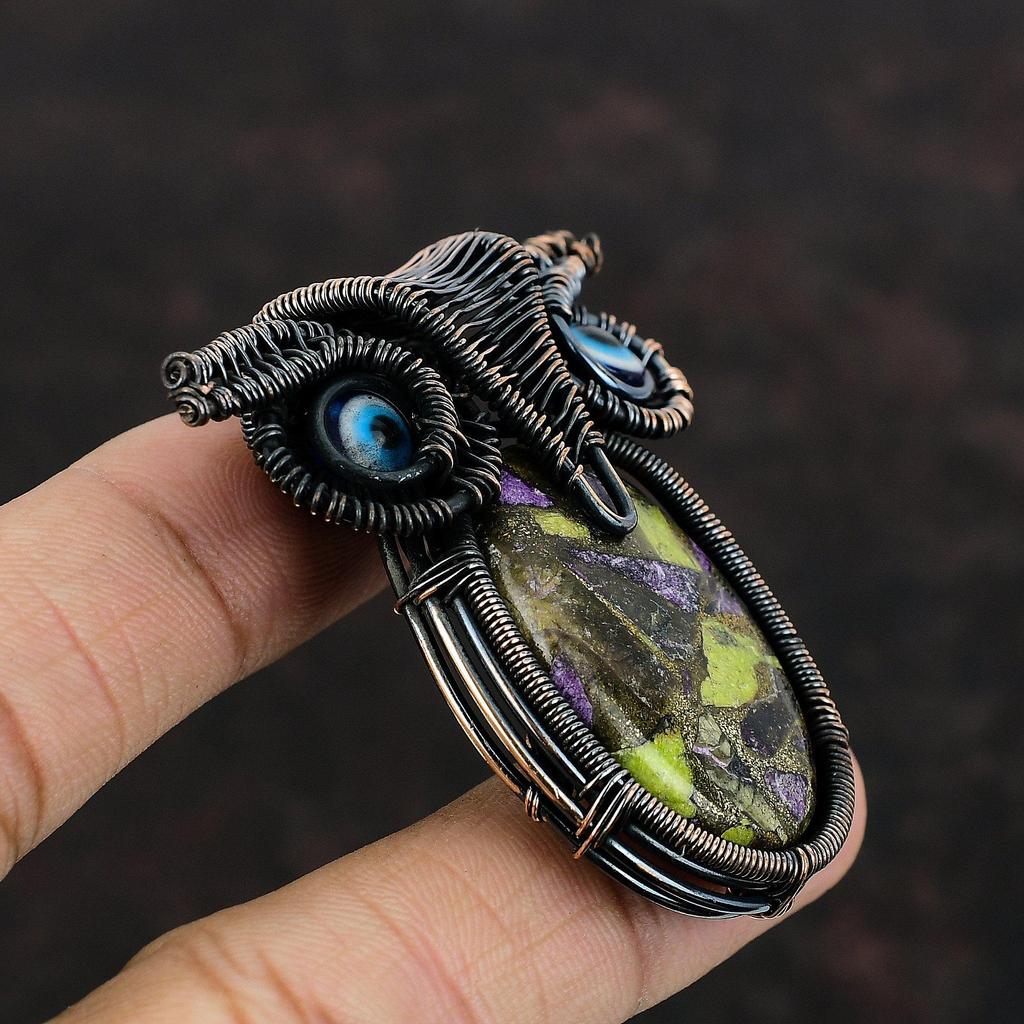 Подвеска из медного драгоценного камня стихтит, подвеска из медной проволоки, медные украшения, подвеска синего цвета от сглаза, подвеска ручной работы в виде совы, рождественский подарок