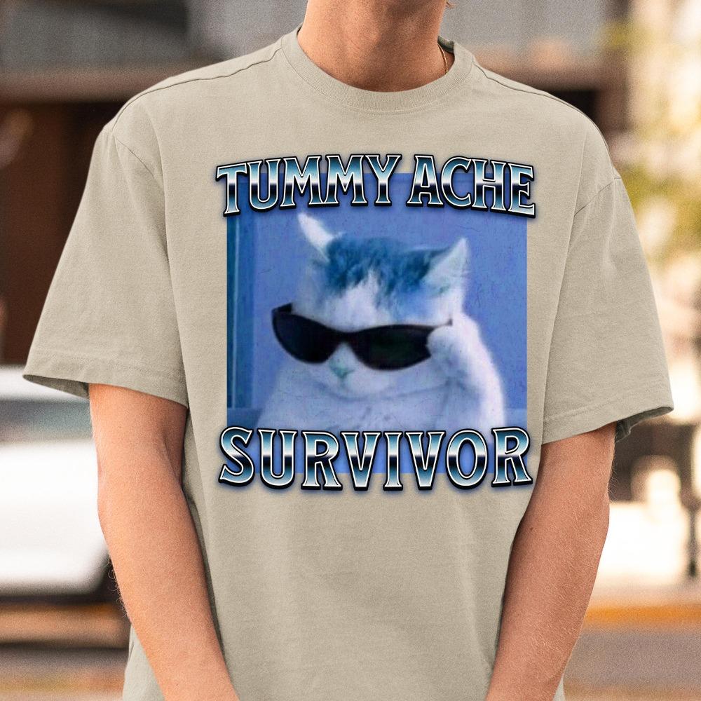 Tummy Ache Survivor Funny Cat Meme Tshirt Gift for Woman Goofy Ahh Cats Tee Shirt Trendy Summer Clothes Ironic Tshirt
