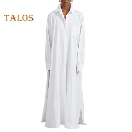 Women Shirt Dress Lapel Long Sleeve Side Slit Design Casual Shirt Solid Color Buttons Closure Maxi Dress Daily Wear