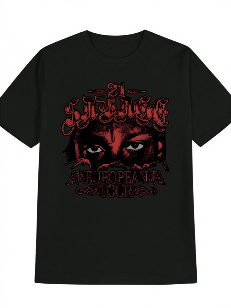 Casual Black T-shirt with Bold Red Face Print - "European Tour" Graphic Design