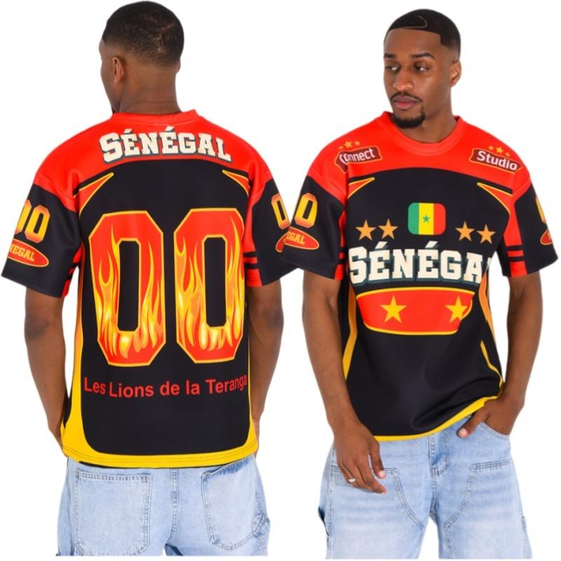 Men Senegal National Football Jersey Flag Print Short Sleeve T Shirt Fire Quick Dry Teranga Lions Fan Casual Sport Training Top