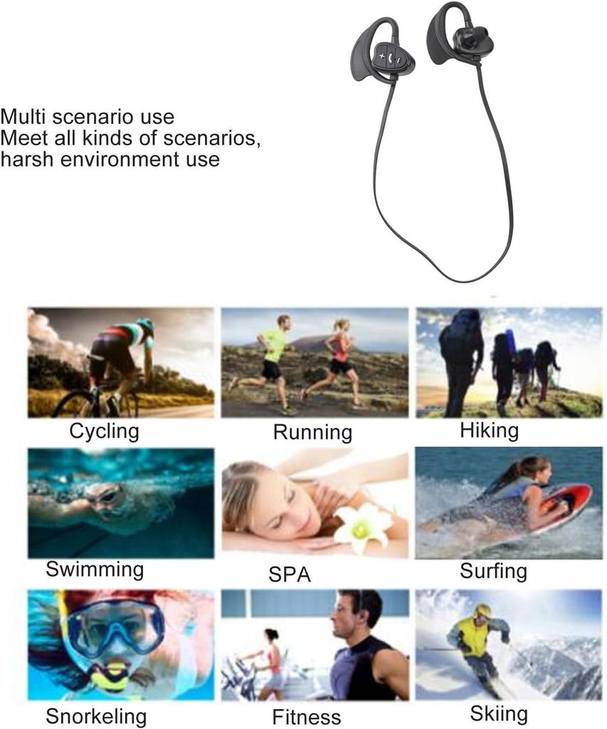 IPX8 waterproof sports earphones wireless Bluetooth earphones swimming MP3 headset Black