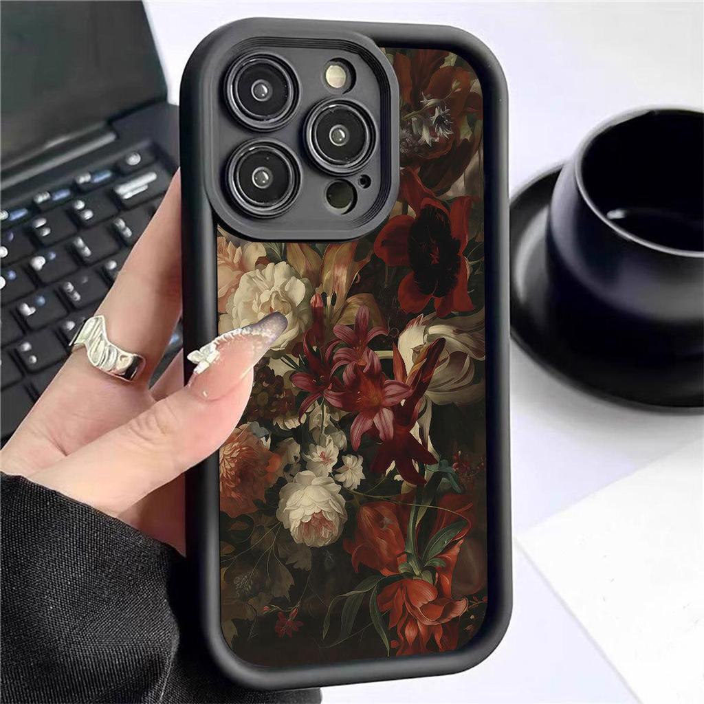 Черный рифленый цветочный чехол для iPhone 14/15/16/17 Pro Max со 100 цветами, защита
