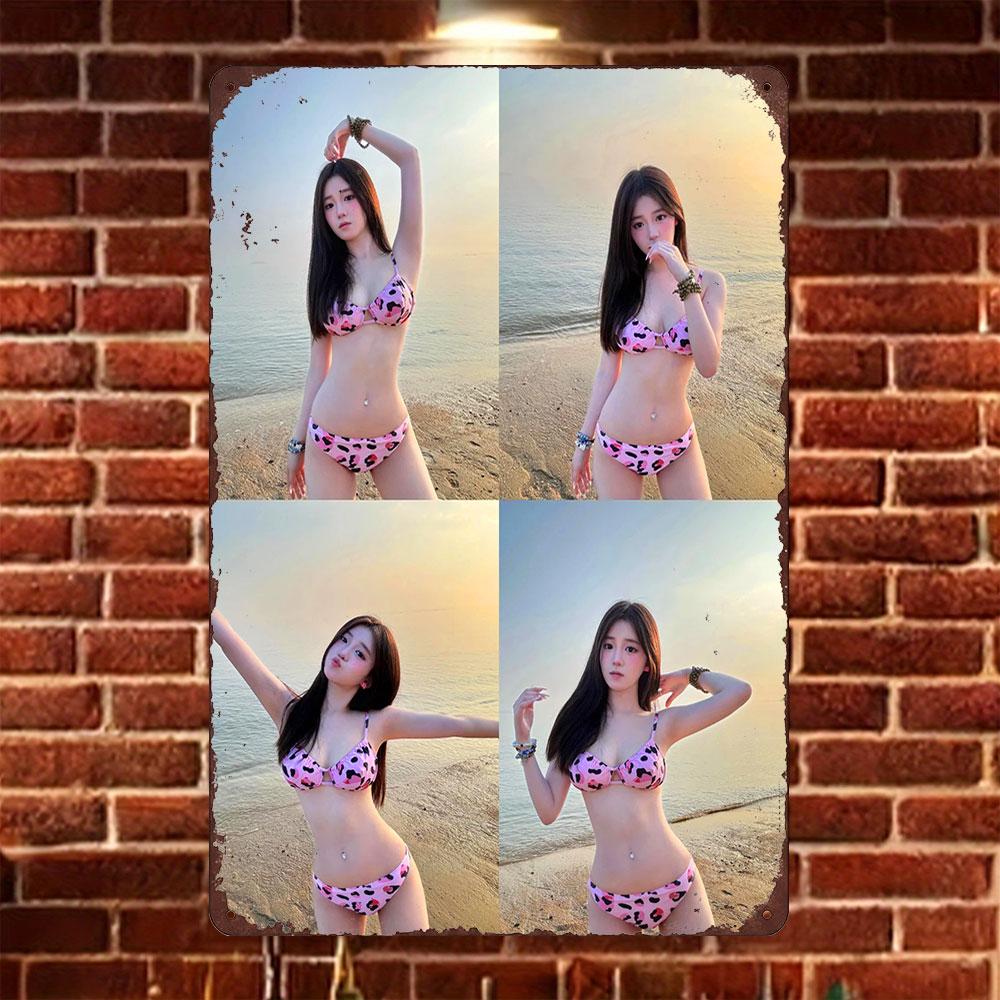 HD Tin Sign Panel Asian Girl in Pink Leopard Print Bikini at Beach Metal Wall Art Retro Decor