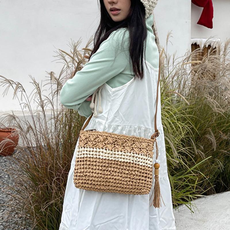 Yogodlns Женская летняя пляжная сумка через плечо с выемкой, большая вместимость, плетеная соломенная дорожная сумка с регулируемым ремешком, сумка через плечо