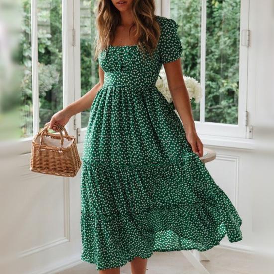 Women Dress Small Flower Print Patchwork A-line Flowy Hem Square Neck Short Bubble Sleeves Pleated Shirring Dating Vacation Midi Dress