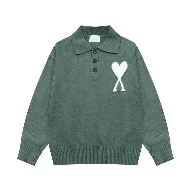 Unisex Big Heart Jacquard Knit Polo Sweater - Soft, Loose Long Sleeve