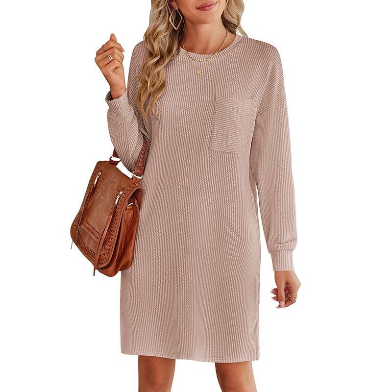 Весенне-осеннее женское повседневное платье в полоску с круглым вырезом и длинными рукавами с карманами