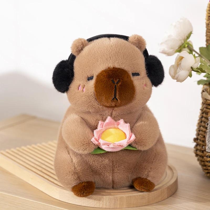 Cute Capybara Plush Toy Stuffed Animals Capybara Hold Lotus Flower White-Face Monkey Soft Doll Kids Toys Birthday Christmas Gift