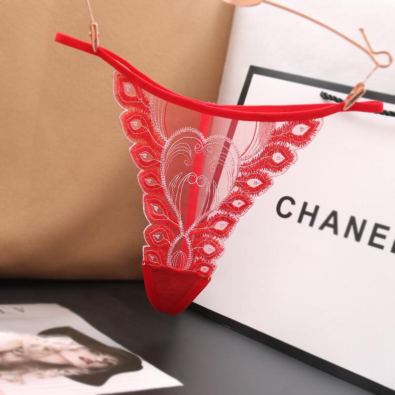 Japanese Sexy Transparent Low Waist Seamless Lace Thong with Feather Embroidery