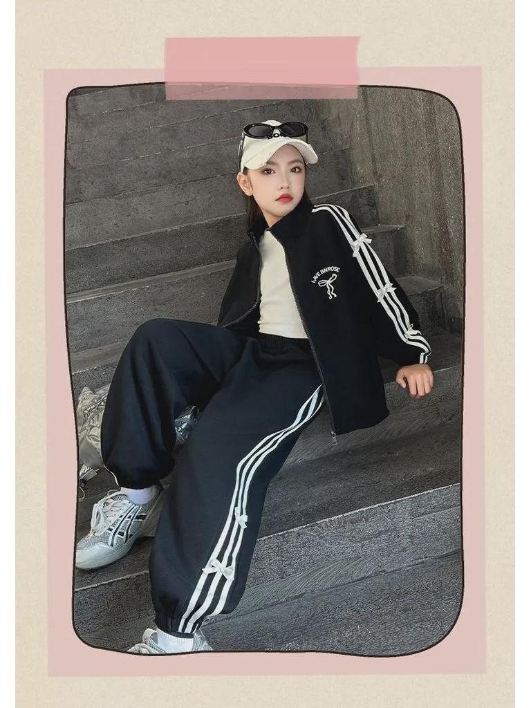 Полосатый кардиган спортивный костюм для девочек – длинный рукав, два предмета на осень