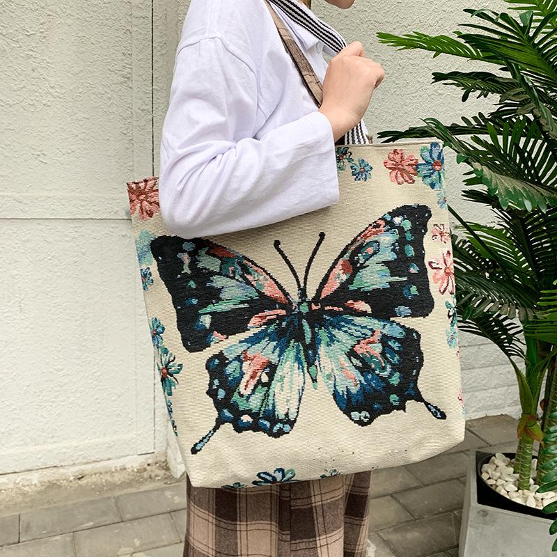 Harajuku Style Cartoon Canvas Bag, Literary Large-Capacity Shoulder Bag, Linen Trendy Cool Ethnic Style Women'S Bag