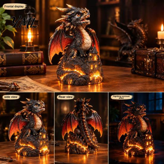 Bedroom Ornament Light Up Dragon Figurine, Resin Gothic Castle Statue, Decorative Mythical Creature Model Fantasy for Home, Office Table, Desk
