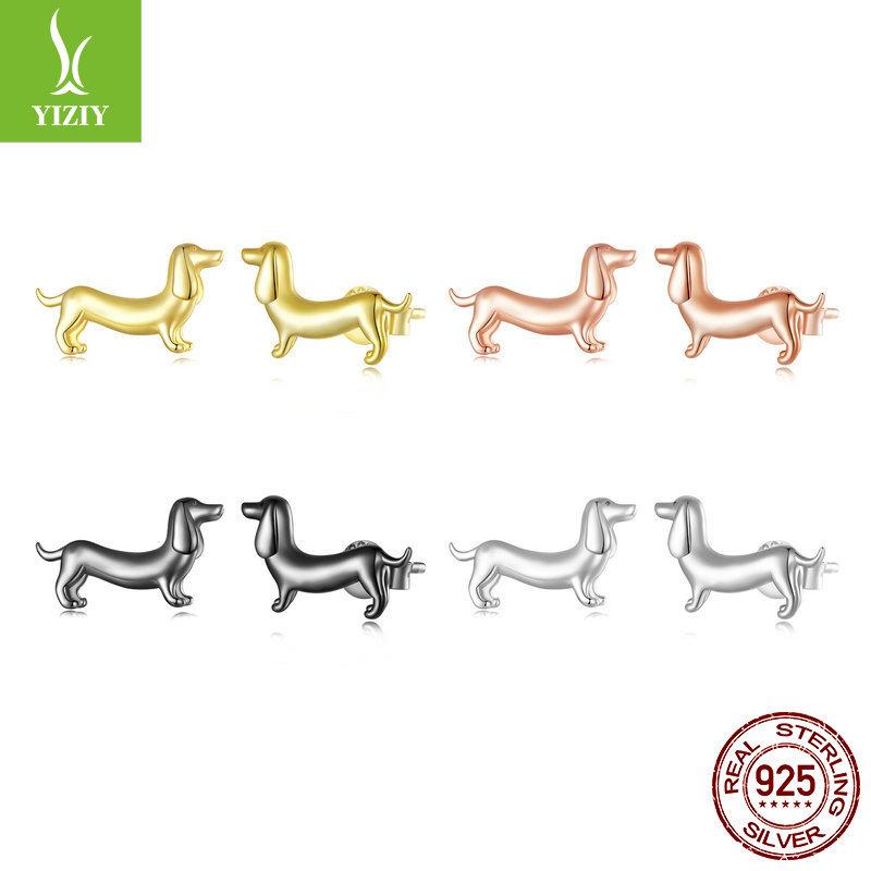 Popular Dachshund S925 Silver Stud Earrings, Cute And Lively Puppy Plain Silver Electroplated Stud Earrings.