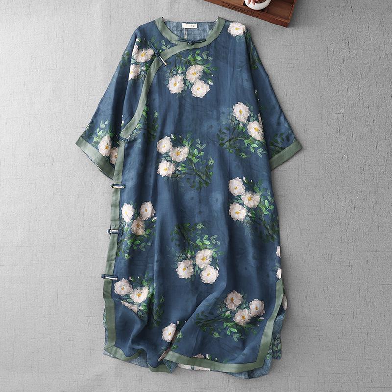 Blue Pomegranate Print Cotton Linen Tea Dress with Frog Buttons