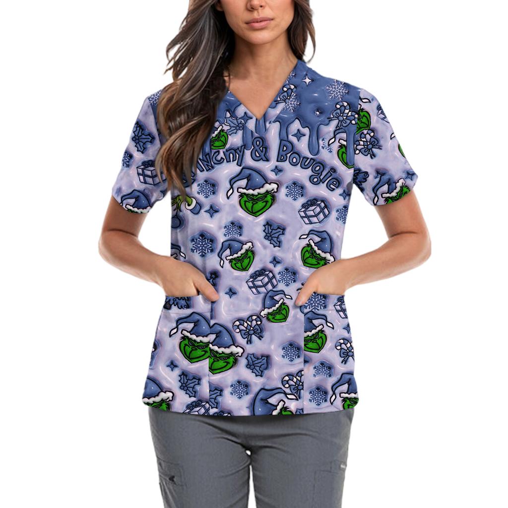 Женская милая блузка с принтом бантиков, рабочая одежда, V-образный вырез, двойной слой, карманы, базовая, с коротким рукавом, пуловер