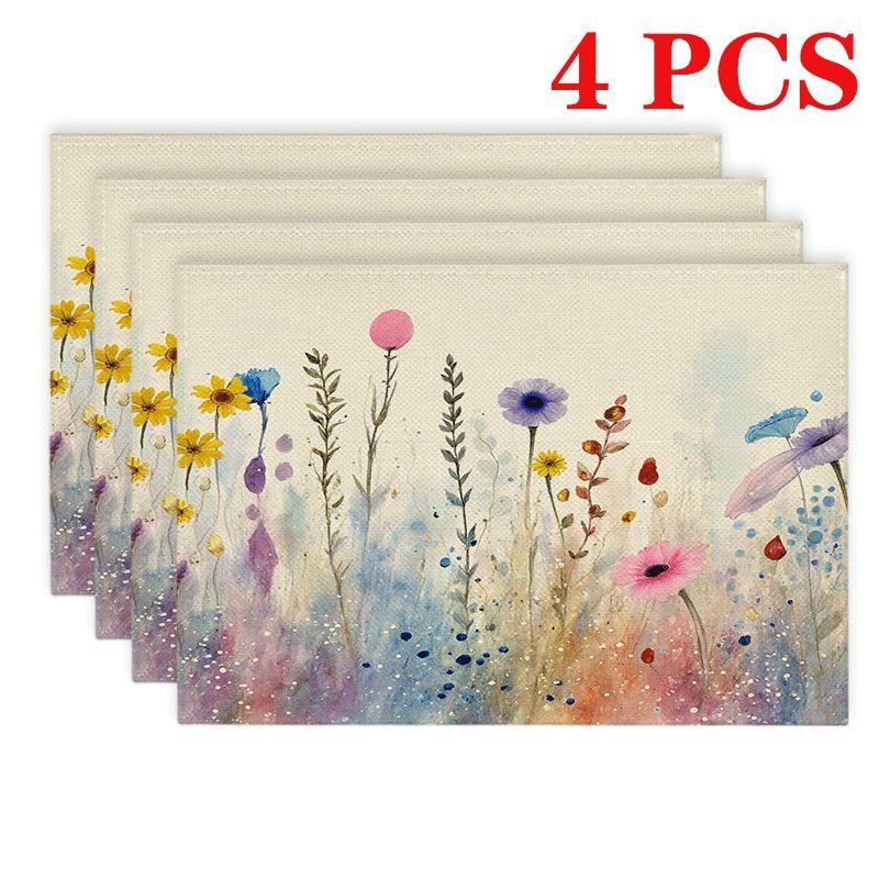4/6pcs Rectangular Placemats - 12X18 Inches Wildflower Bouquet Watercolor Placemats with 2D Element Pattern Design