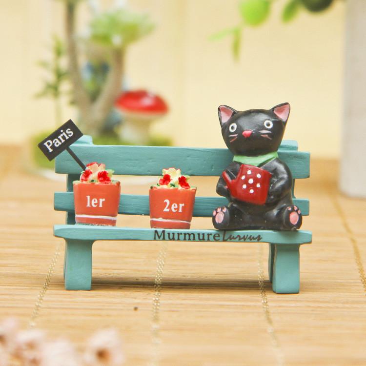 Cute Black Cat Sitting On Bench Watering Flowers Ornament With Mini Garden For Home Decor And Gift Giving