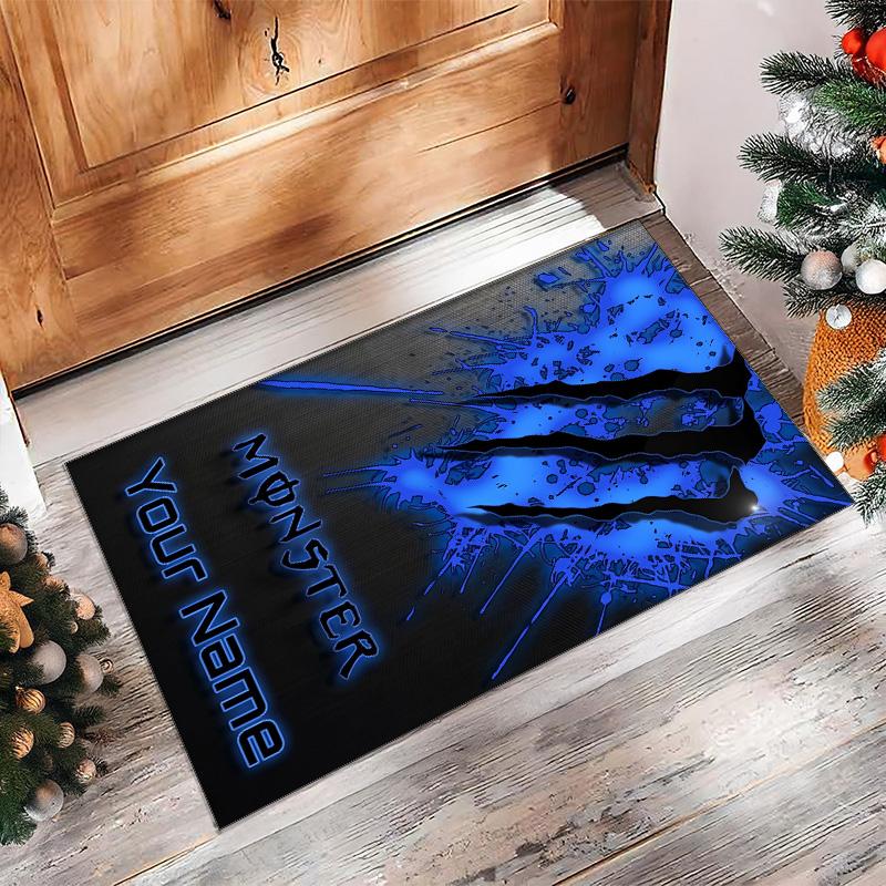 Monster Energy Crystal Velvet Rug, Custom Name Text Personalized Non‑Slip Floor Mat for Home Decor Gift