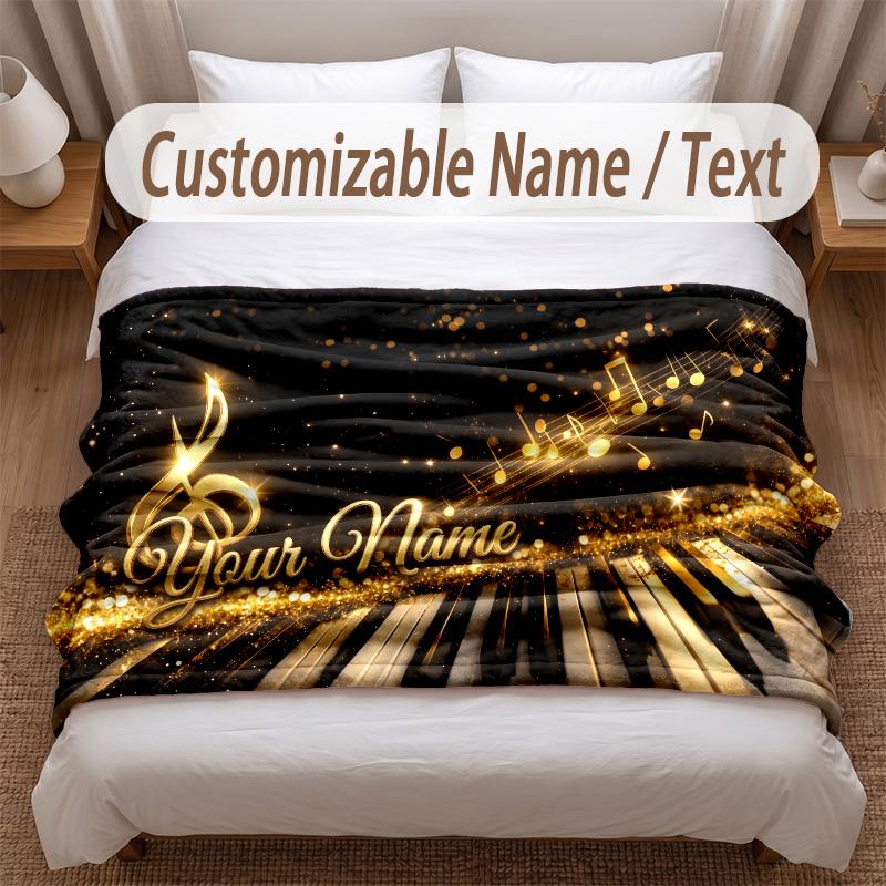 Music Piano Theme Soft Blanket Personalized Custom Name Text Print Warm Blanket Home Sofa Bedroom Decor