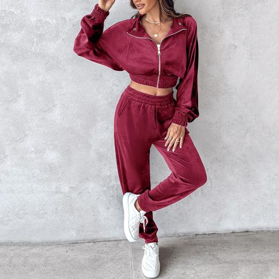 Комплект из 2 предметов: пальто и брюки, отложной воротник, длинный рукав, эластичный подол, золотистый бархат, куртка с высокой талией, брюки с резинкой на щиколотке, спортивный костюм для фитнеса