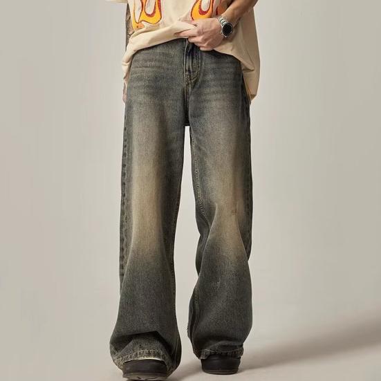 Мужские джинсы Градиент контрастного цвета Широкие штаны Свободные High Street Ретро Хип-хоп Прямые карманы полной длины с застежкой-молнией на пуговицах Мужские длинные джинсовые брюки