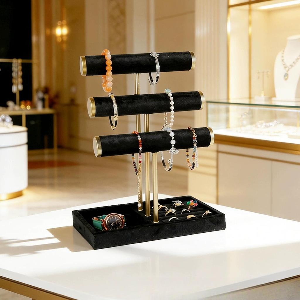T-Shape Multi Layer Jewelry Display Stand Wood Metal Holder for Necklace