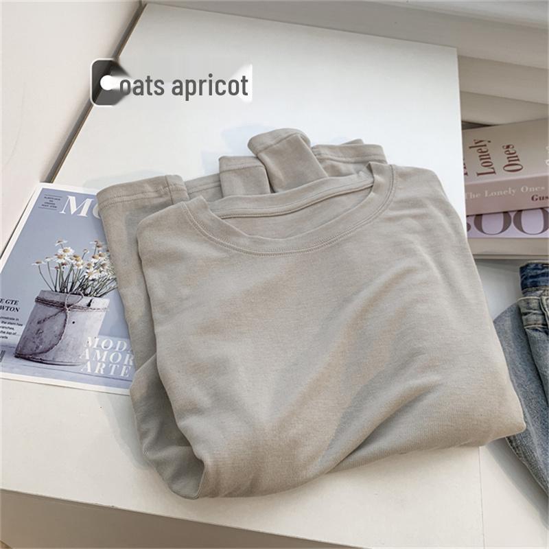 Women's Glutinous Rice Crew Neck Long Sleeve Soft T-Shirt - Spring Friendly, Solid Color, Drapey Base Layer.