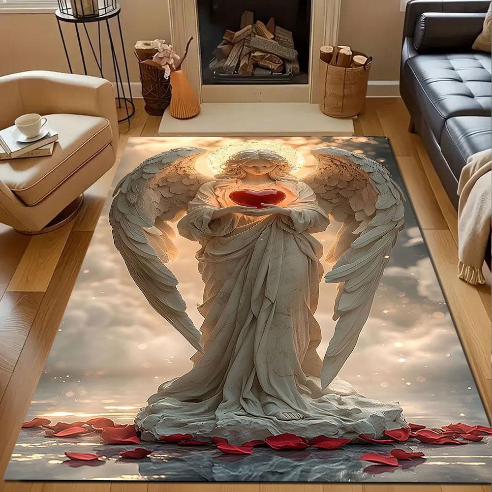 Angel Holding Heart Statue Design Patterned carpet, non slip mat suitable for living room and bedroom sofas