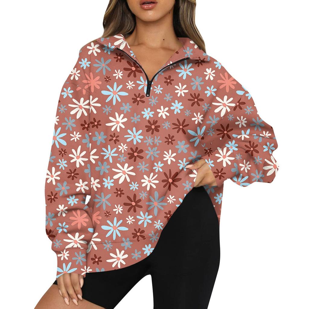 Women's Casual Fashion Long Sleeve Printing Zipper Hooded Sweatshirt Top