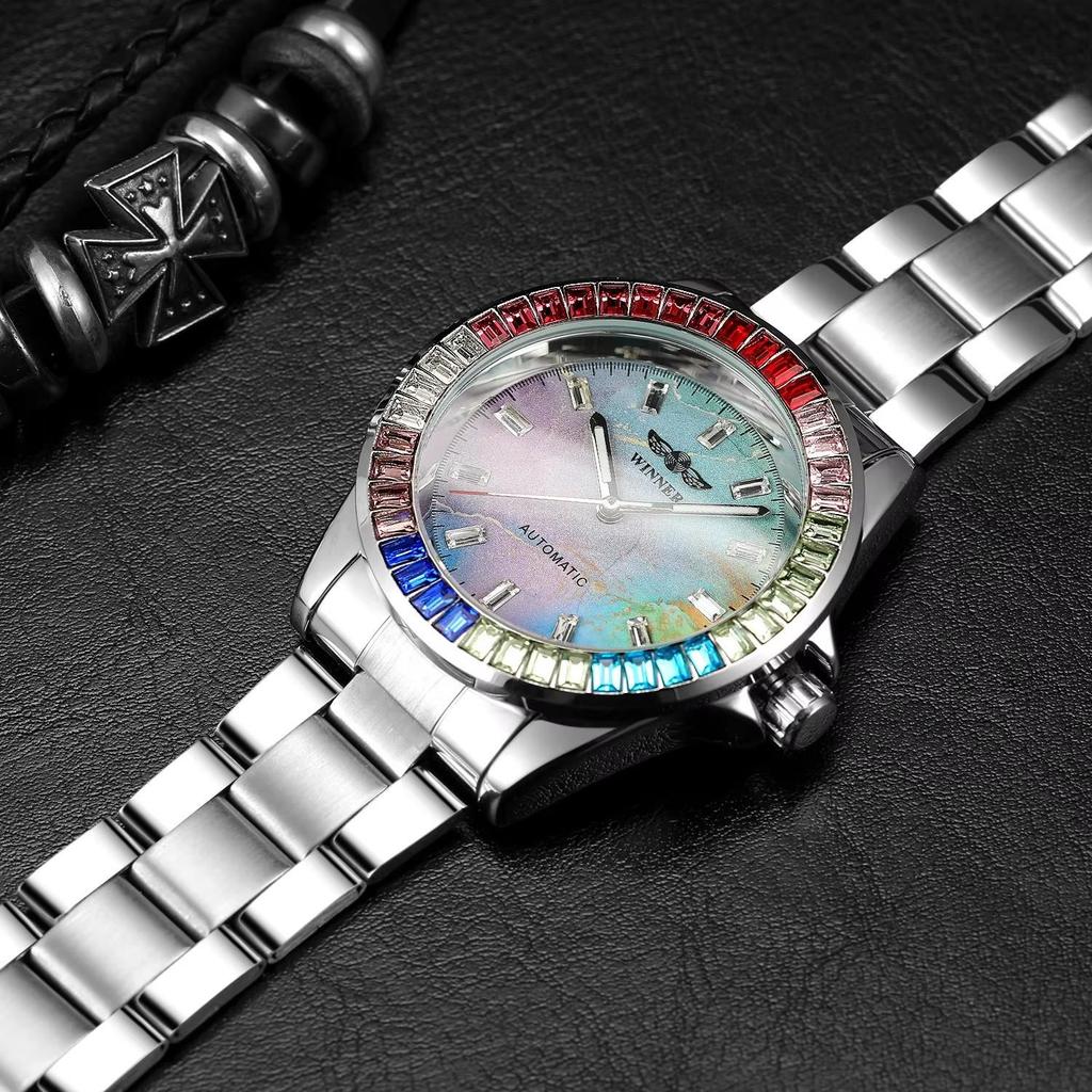 Модные цветные бриллиантовые часы для мужчин, полностью автоматические механические часы, стальной ремешок для мужских наручных часов, модный циферблат с рисунком в технике тай-дай