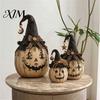 Rustic Fabric Pumpkins Halloween Pumpkin Decoration with Wizard Hat, Vintage Resin Witch Figurine Farmhouse Style Fall Ornaments Bow, Tabletop
