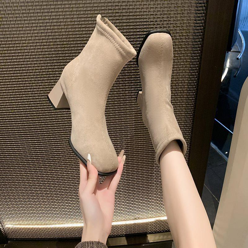 Temperament high heels splicing thin boots square head khaki new French suede large size thick heel short boots women's elastic