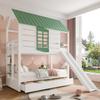 Двухъярусная кровать 90x200 детская кровать-домик кровать-чердак горка лестница двускатная крыша окно 2 ящика деревянная кровать ламели защита от падения сосна белый+зеленый