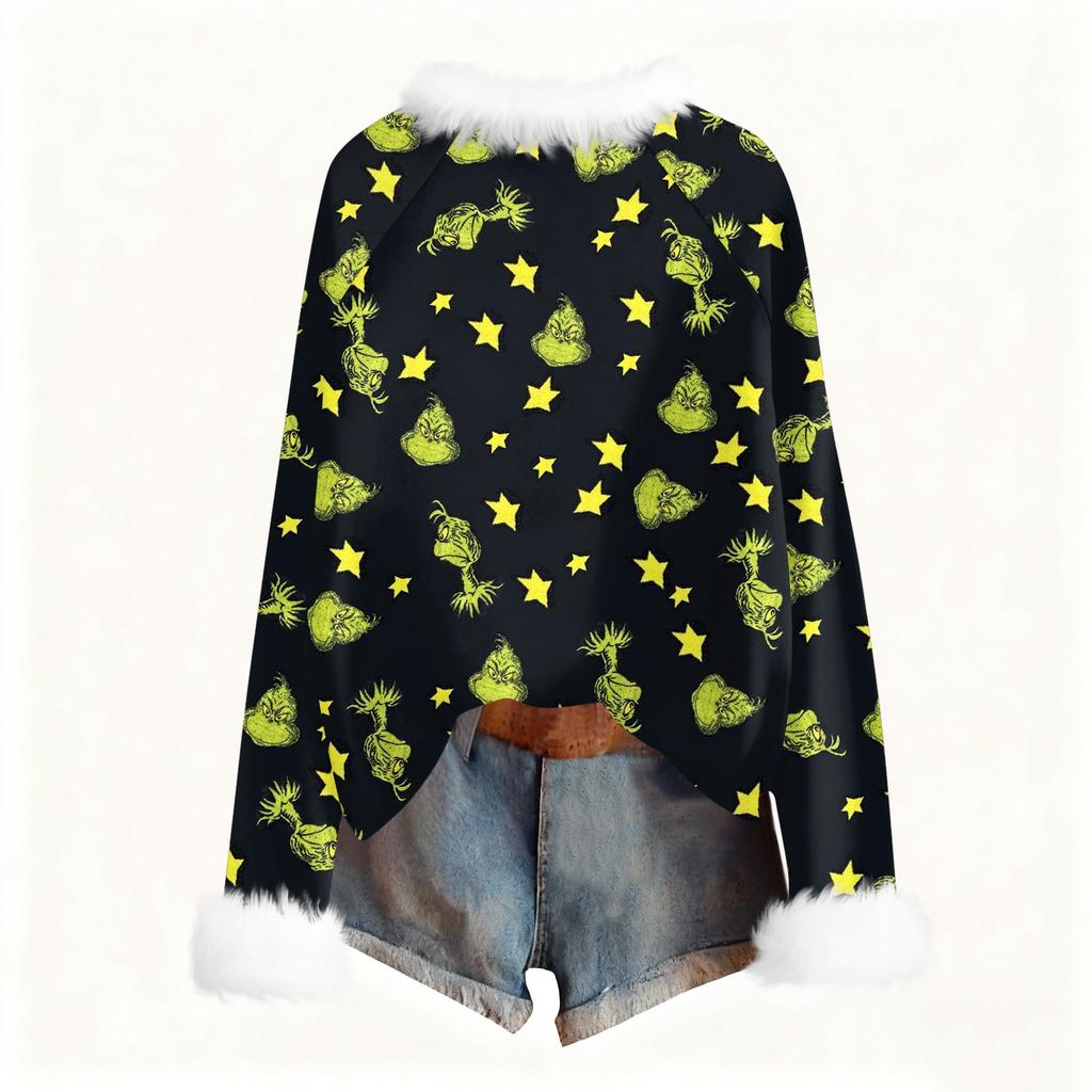 Женская модная рождественская футболка с принтом, круглым вырезом и длинными рукавами, повседневный пуловер