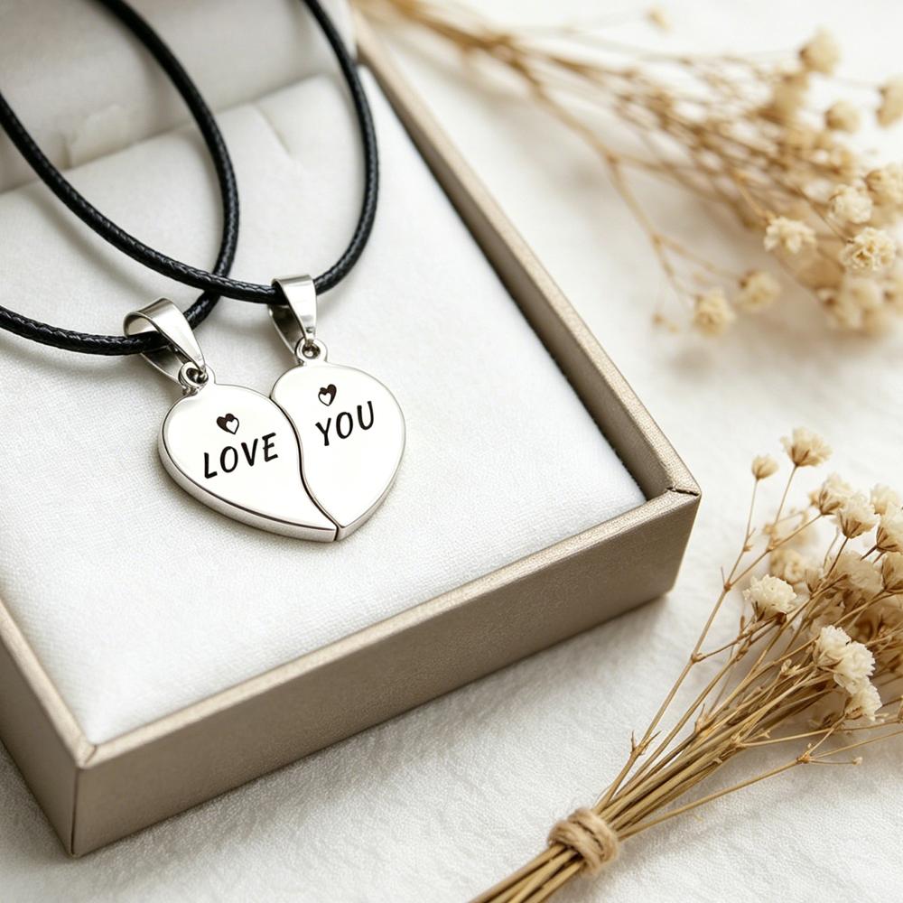 Personalized Stainless Steel Half Heart Couple Necklaces, Engravable Logo Pendants, Promotional Memorial Gifts