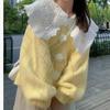 Women 3D Flower Solid Color Sweaters Sweet Hook Flower Hollow Doll Collar Knitted Cardigan Autumn Loose Pullover Female Top