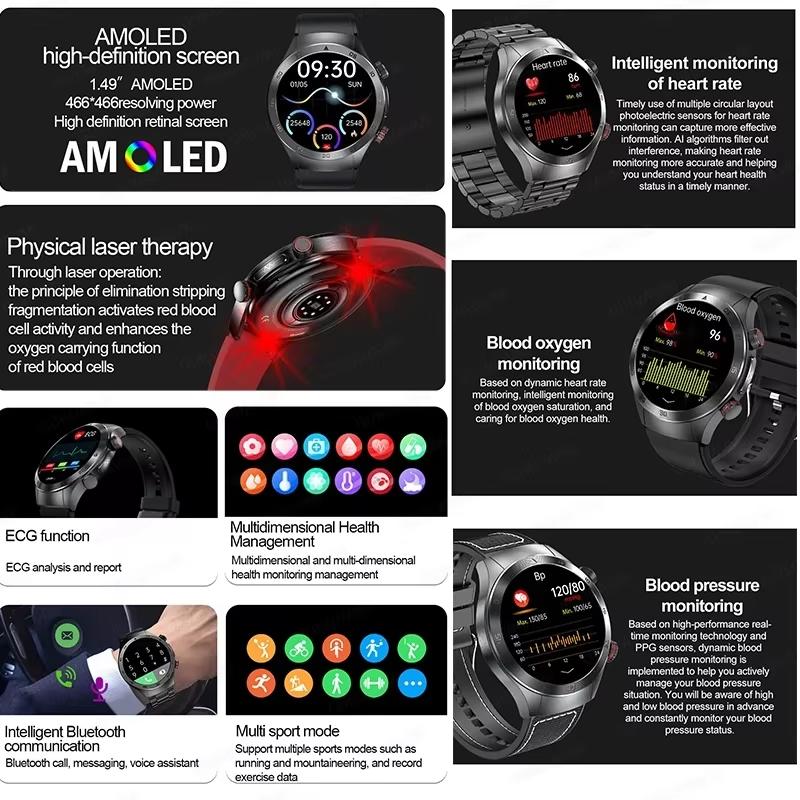 2025 New Non-Invasive Laser Treatment Three High Smart Watch Sapphire Screen Blood Fat Uric Acid ECG Health Diagnosis Smartwatch