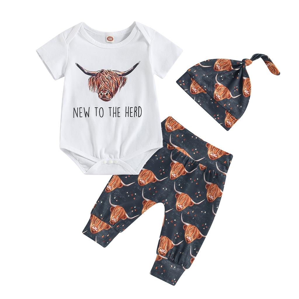 Baby Boys 3PCS Pants Sets White Short Sleeve Romper Cattle Head Print Pants Hat Sets Summer Clothes