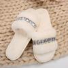 Fashion Rhinestone Fluffy House Slippers for Women 2025 Winter Warm Faux Fur Flat Slides Woman Open Toe One Strap Plush Slippers