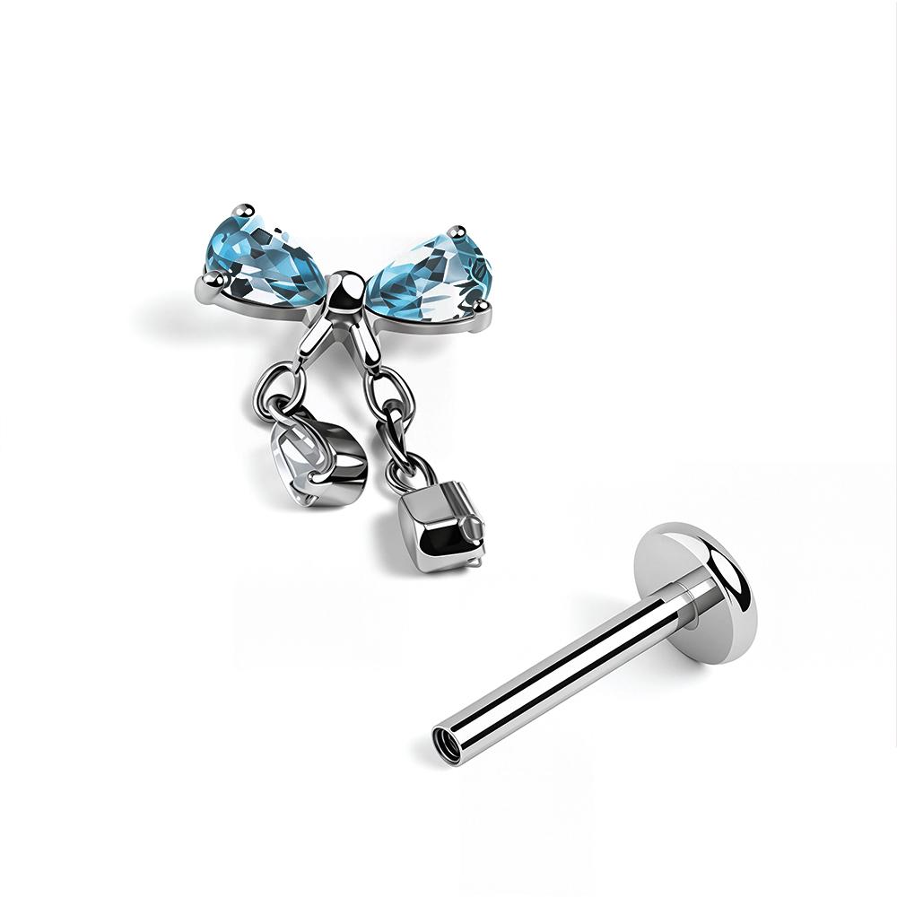 ASTM F136 Titanium Bow Dangle Labret Stud Pink Blue Clear Zircon Cube Chain Pendant Helix Tragus Cartilage Piercing Jewelry