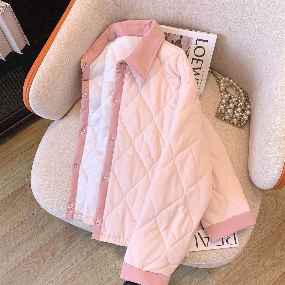 Женская хлопковая куртка в корейском стиле: Нежный ветер, лацканы, цветной блок с ромбами, теплый, короткий верхний слой для осени/зимы 2025