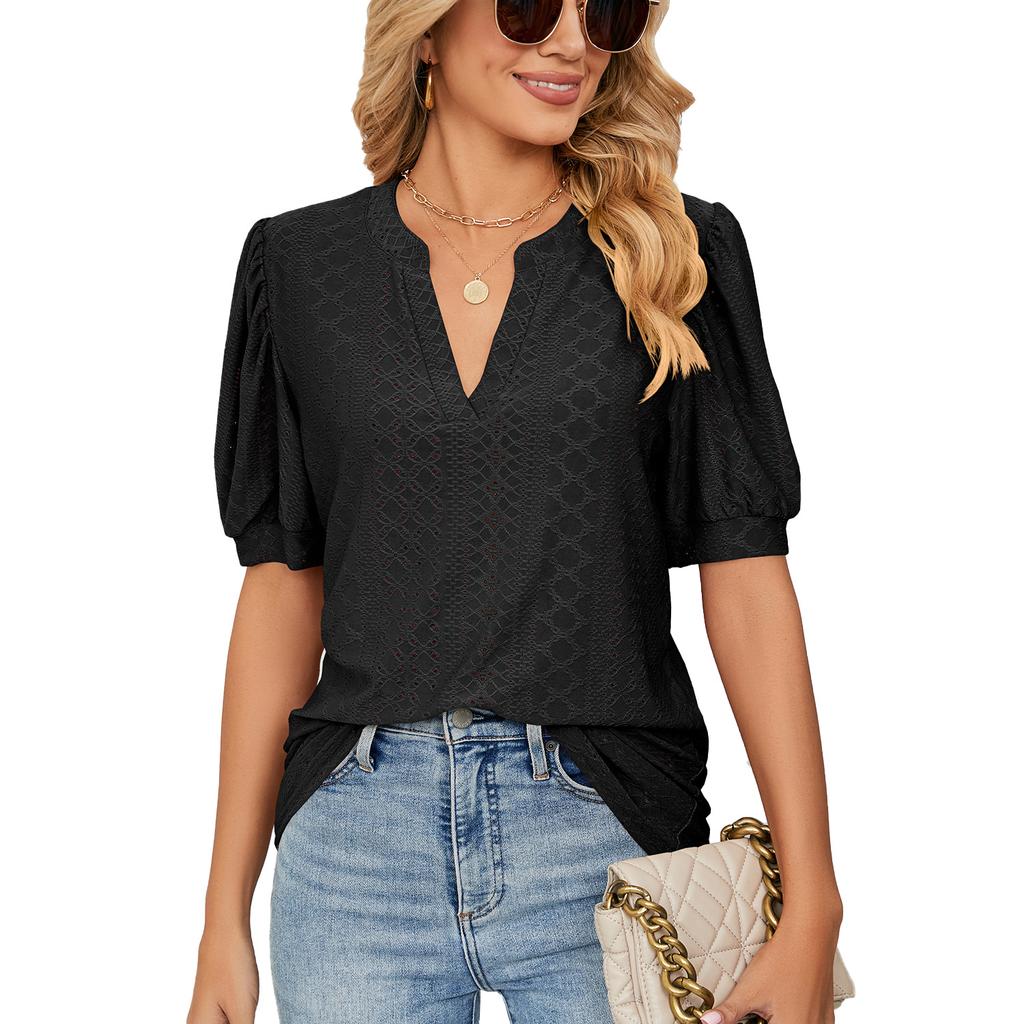 Womens Tops V Neck Ruffle Sleeve Blouses Short Sleeve Casual Tops T-Shirts for Women Autumn Winter