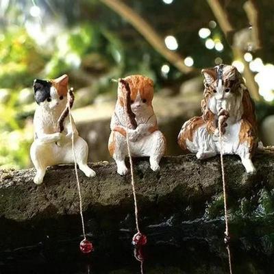 Украшения Кошка-рыболов Декорация для аквариума Ландшафтный дизайн с рыбами Статуэтка мультяшной кошки Миниатюрная смоляная фигурка Домашние украшения Миниатюры