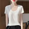 Женская футболка с U-образным вырезом, однотонная, свободного кроя, вязаная, весна/лето 2025