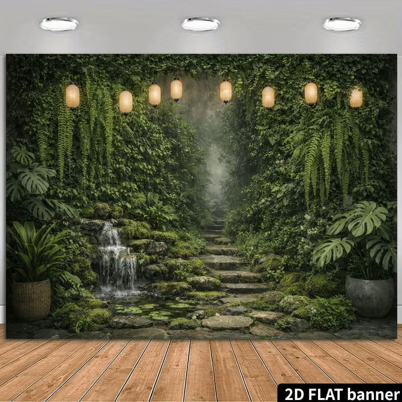 Enchanted Courtyard Banner with Vines and Tropical Plants Photo Booth Background Cloth
