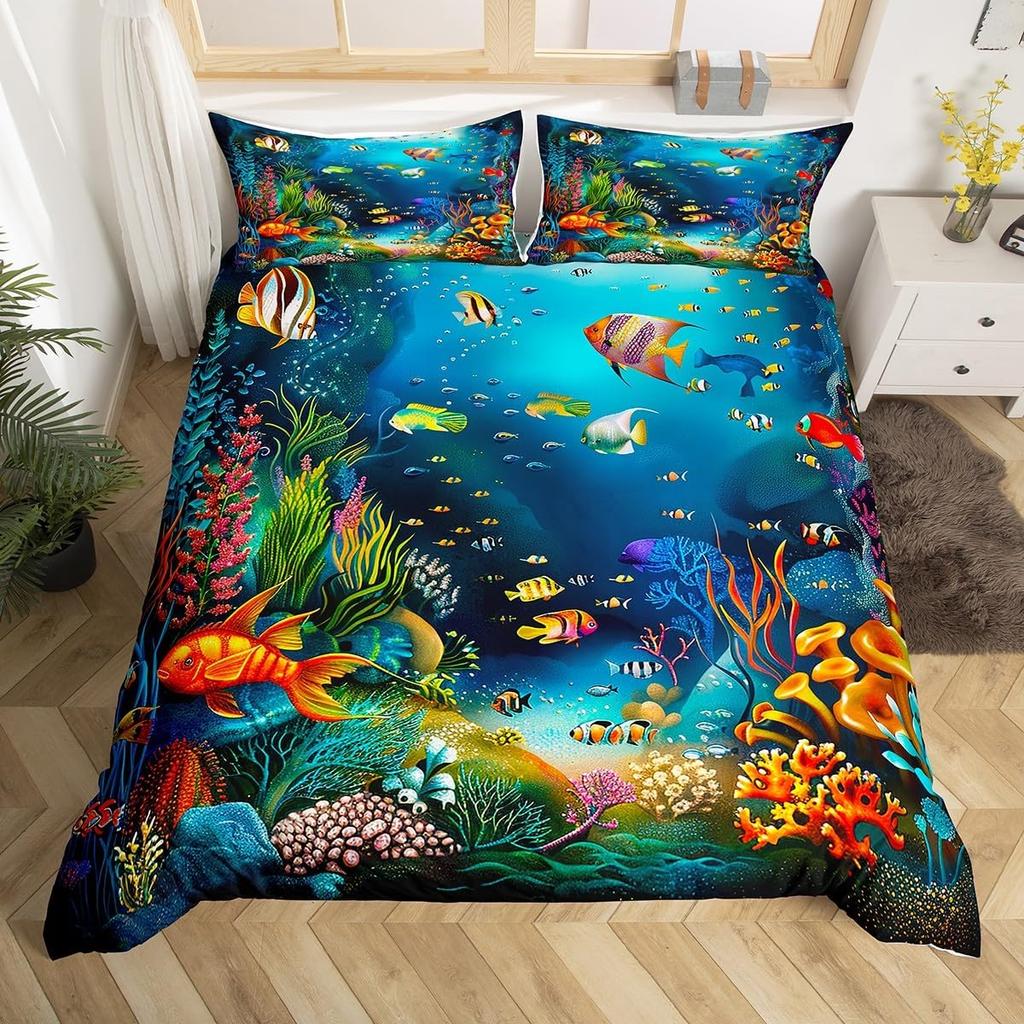 Kids Cartoon Ocean Fish Duvet Cover Microfiber Marine Theme Bedding Set Sea Underwater World Quilt Cover Queen For Boys Girls