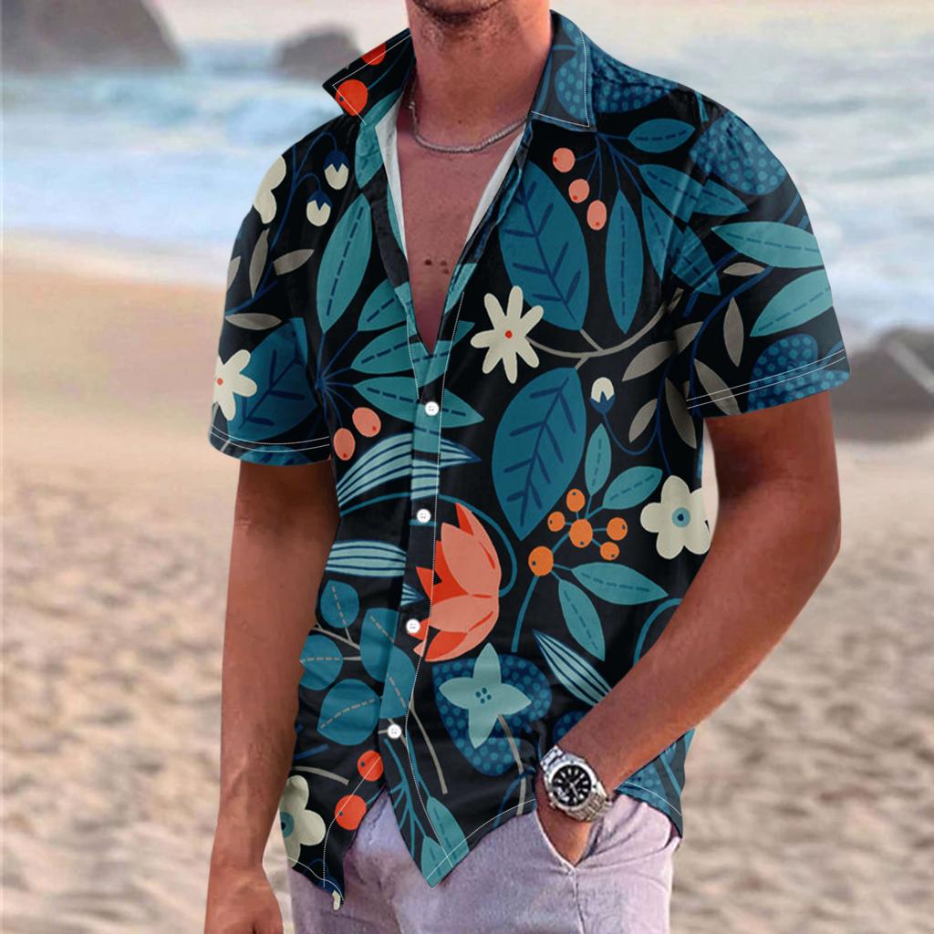 Men's Summer New Loose Print Short Sleeve Shirt Cardigan Beach Shirt