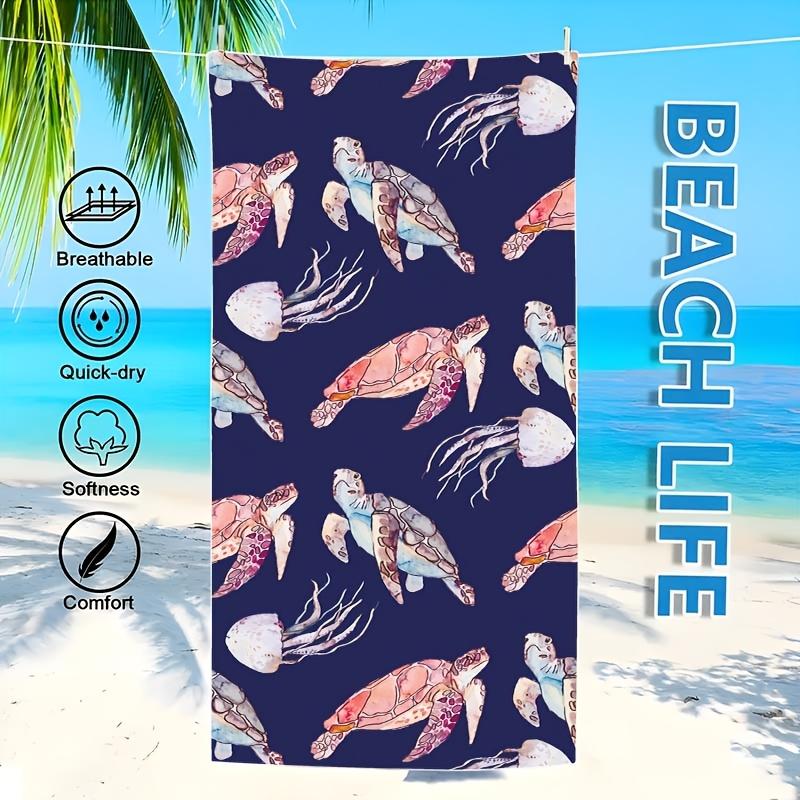 Turtle & Jellyfish Printed Beach Towel, Ocean Life Art Quick-Dry Sand-Free Microfiber Bath Towel for Yoga, Swim and Fitness